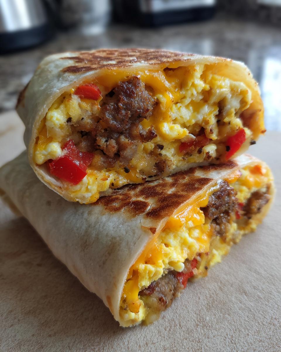 Close-up of a sausage breakfast burrito cut in half, showing scrambled eggs, sausage crumbles, red bell peppers, and melted cheese.