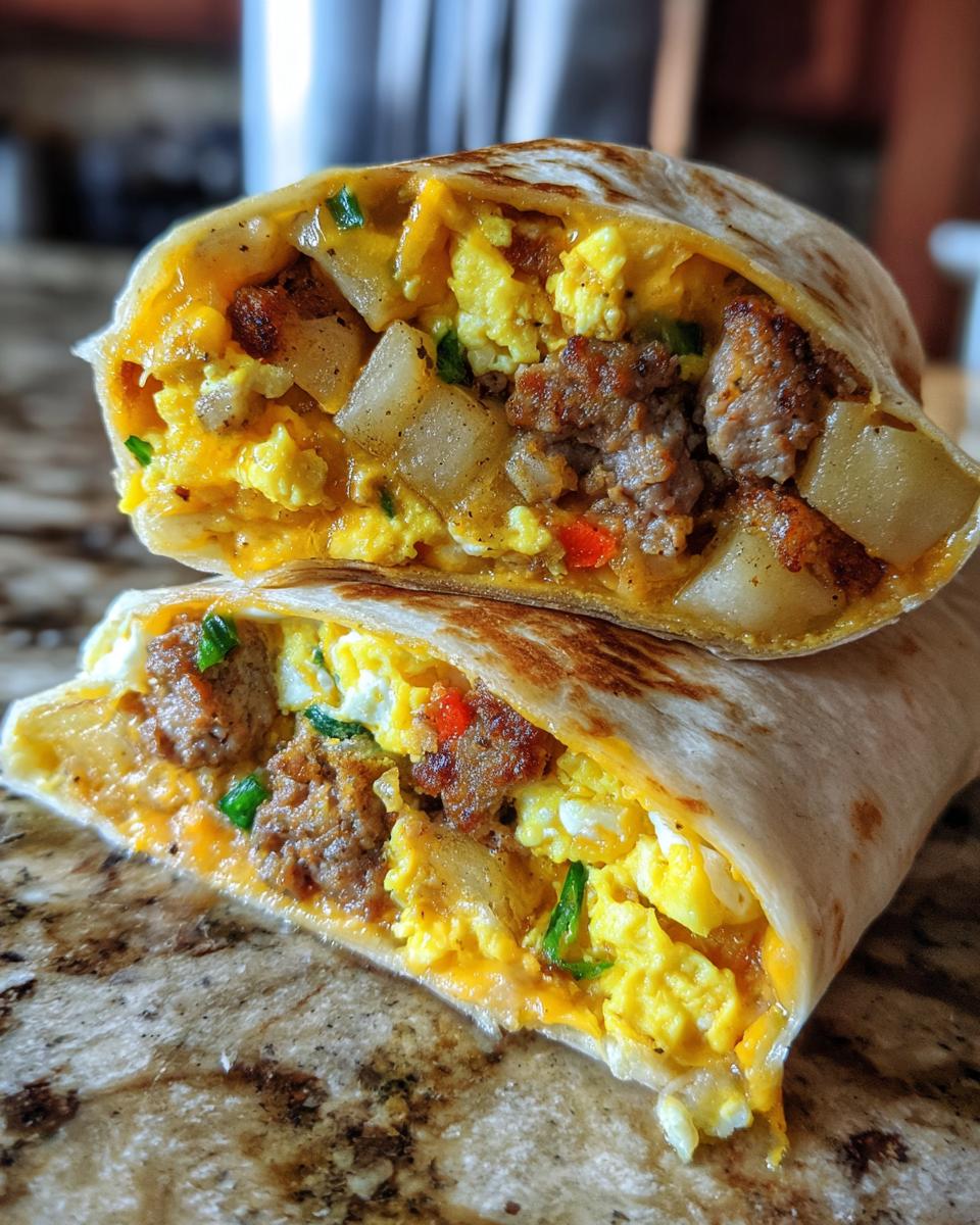 Close-up of a sliced sausage breakfast burrito showing scrambled eggs, sausage, potatoes, and cheese.