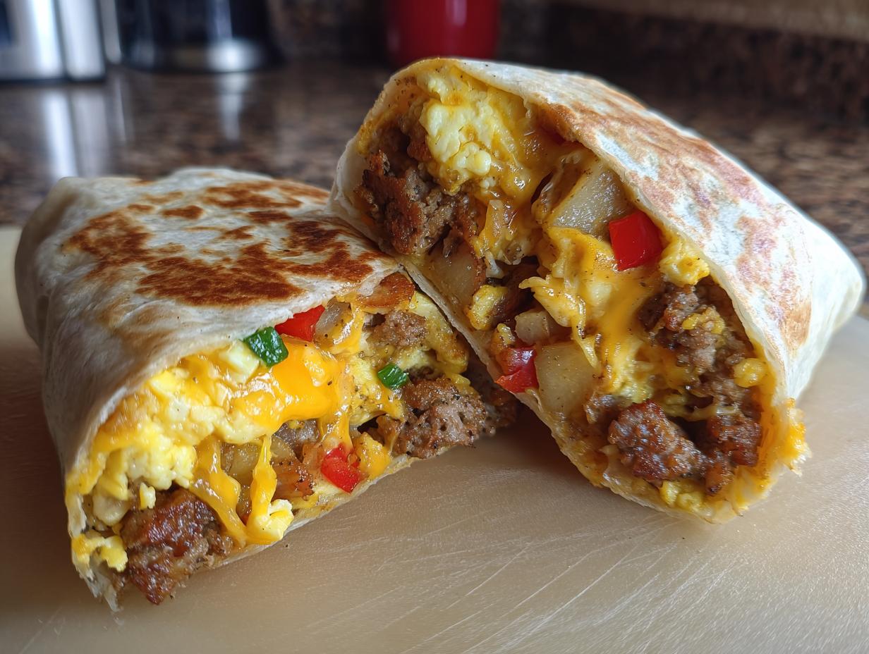 Close-up of a sausage breakfast burrito cut in half, showing scrambled eggs, sausage, potatoes, cheese, and red peppers.