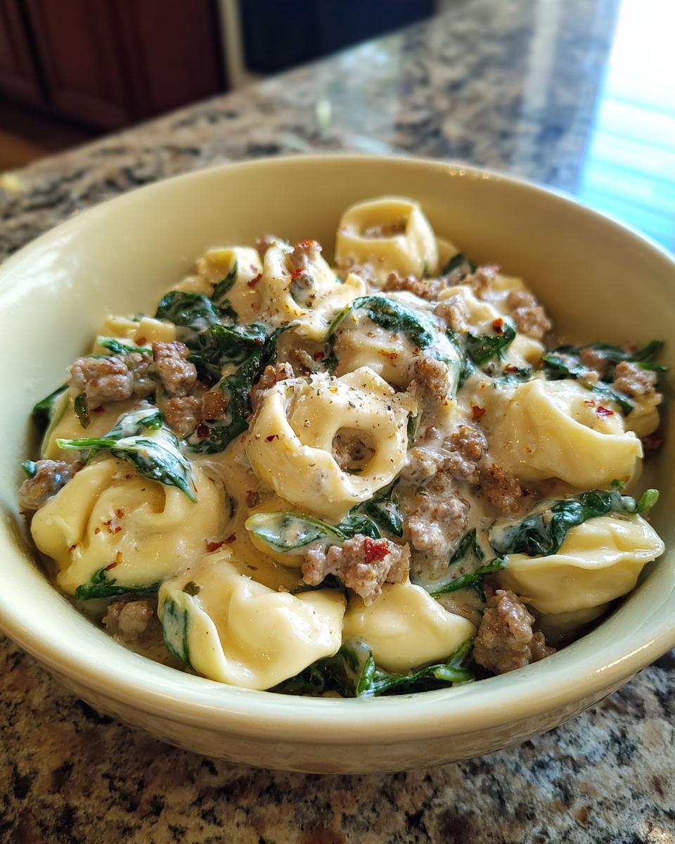 A bowl of sausage spinach tortellini pasta in a creamy sauce, sprinkled with red pepper flakes.
