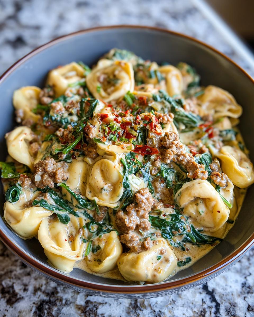 A close-up of a bowl filled with sausage spinach tortellini in a creamy sauce, topped with chili flakes and herbs.