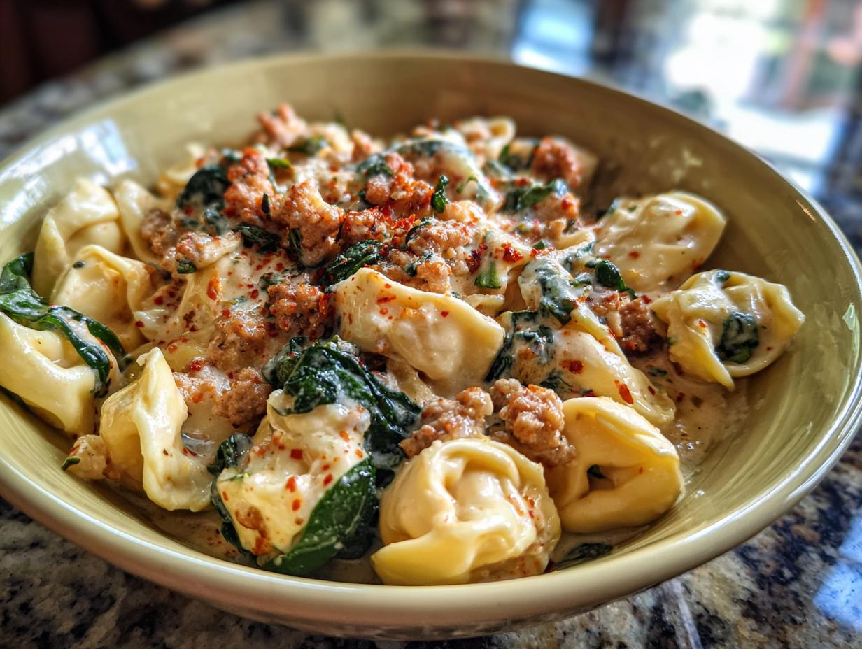 A close-up of a bowl filled with sausage spinach tortellini in a creamy sauce, topped with red pepper flakes.