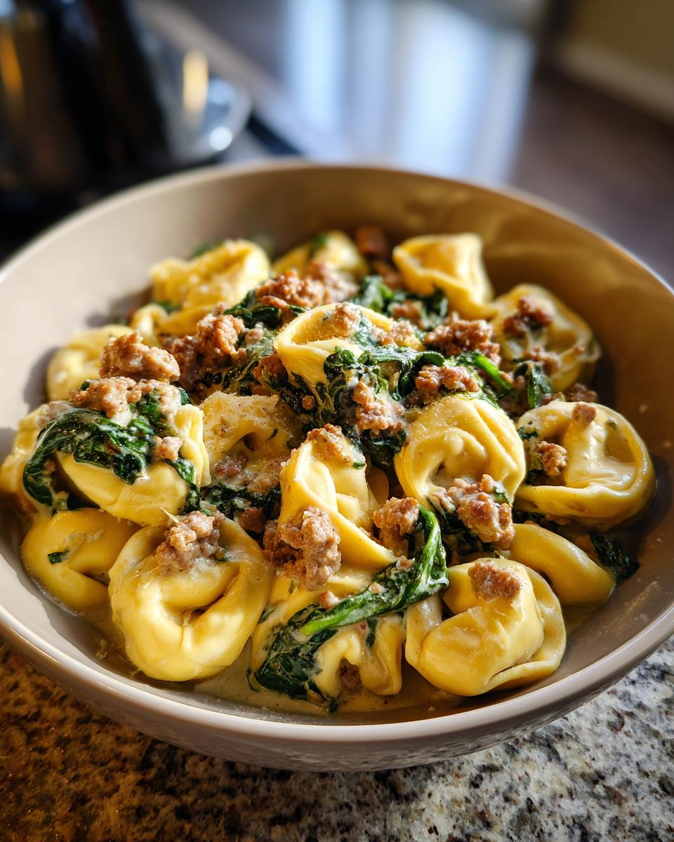A close-up of a bowl filled with sausage spinach tortellini in a creamy sauce.