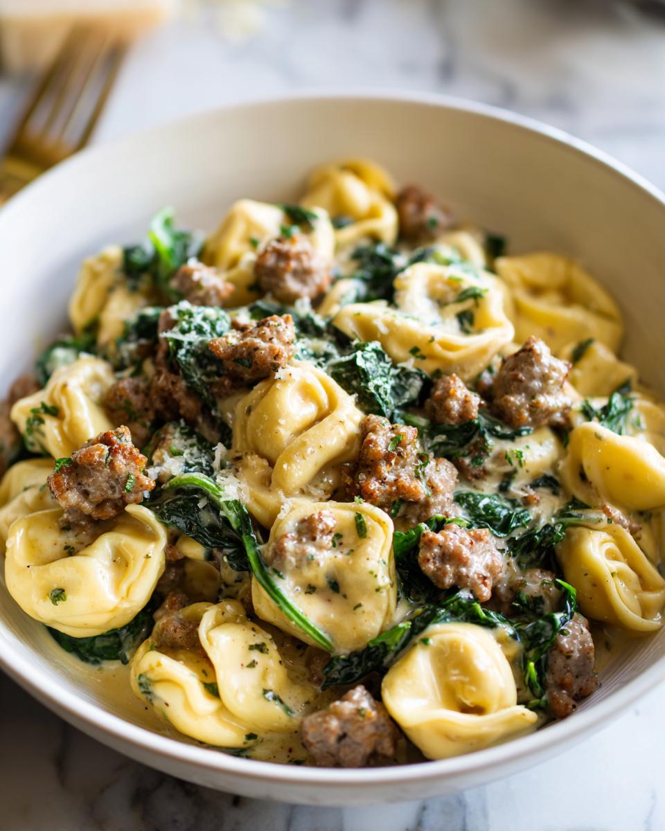 Close-up of a bowl filled with sausage spinach tortellini in a creamy sauce, garnished with parsley.