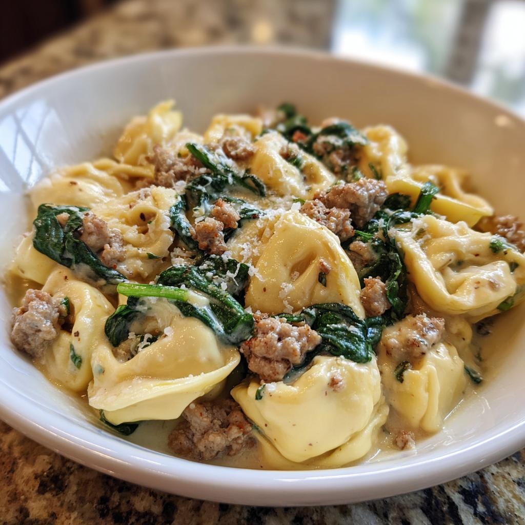 A close-up of a white bowl filled with sausage spinach tortellini in a creamy sauce, topped with grated cheese.
