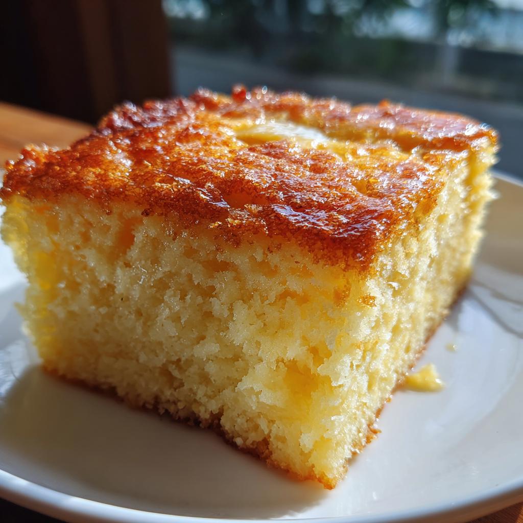 A slice of golden brown sheet pan pancakes with a pat of butter melting on top, perfect for busy mornings.
