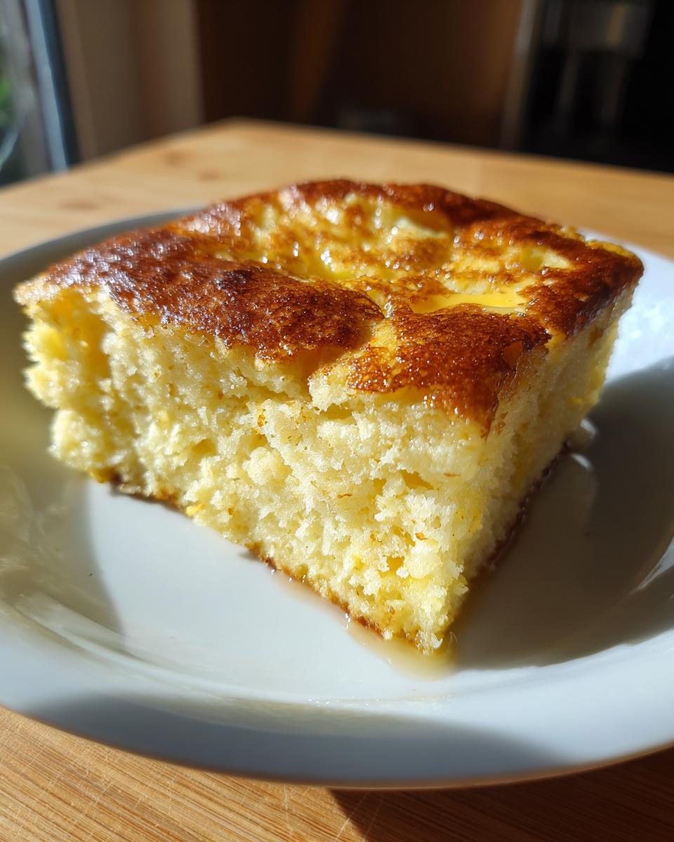 A slice of golden-brown sheet pan pancakes served on a white plate, ready for a quick breakfast.