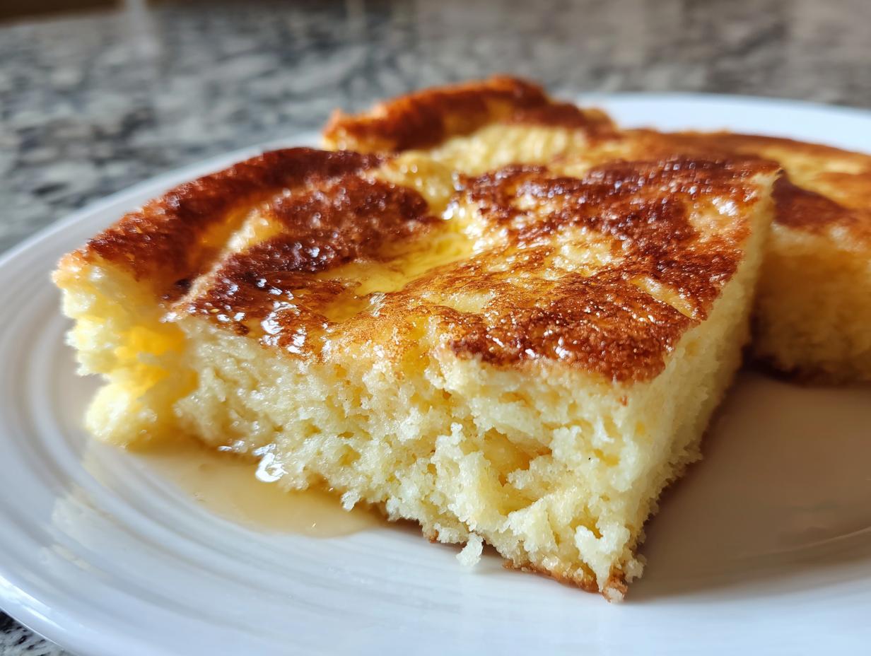 Close-up of two slices of golden-brown sheet pan pancakes drizzled with syrup on a white plate.