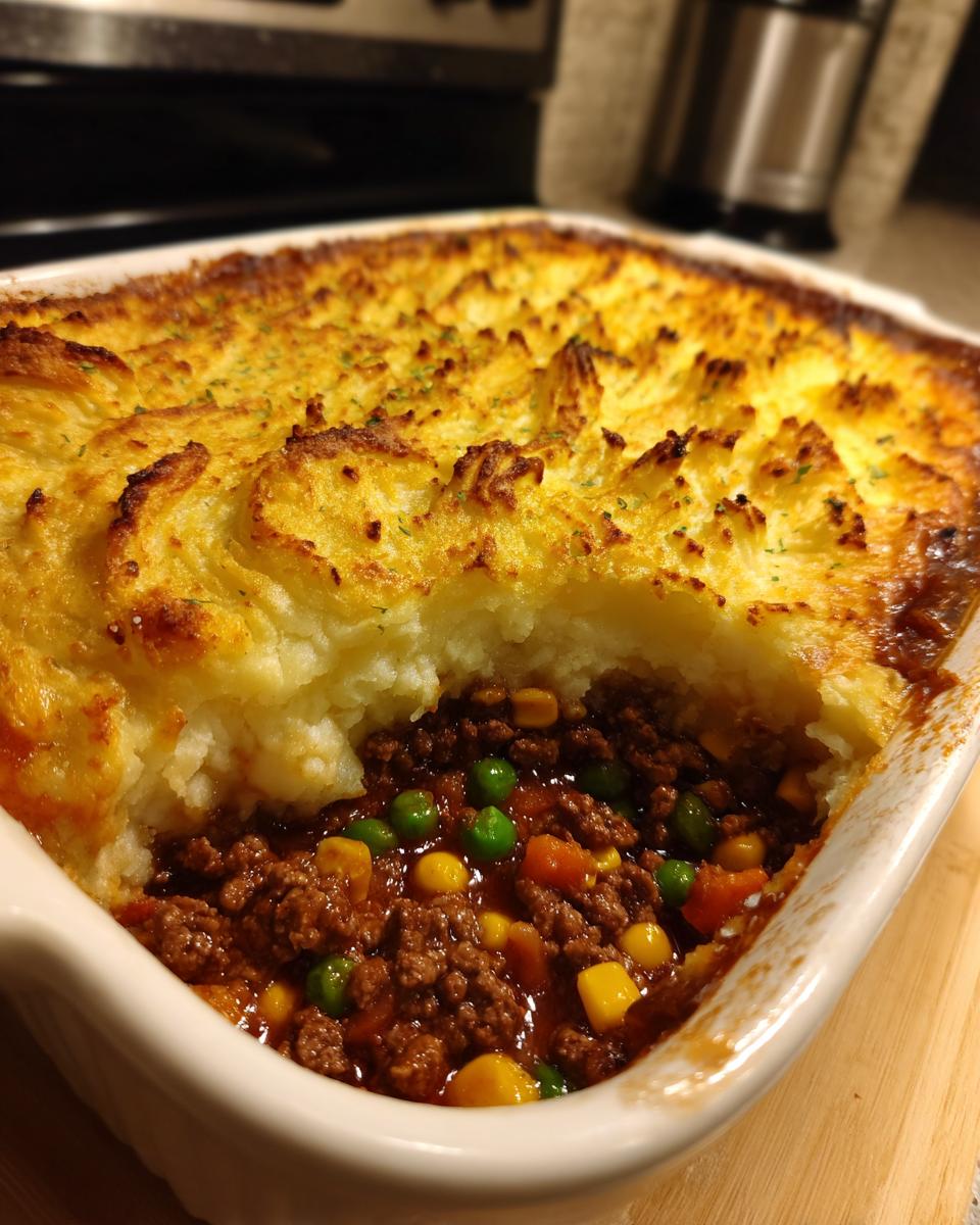 Close-up of a rich and hearty Shepherd's Pie made with ground beef, peas, carrots, and corn, topped with golden mashed potatoes.