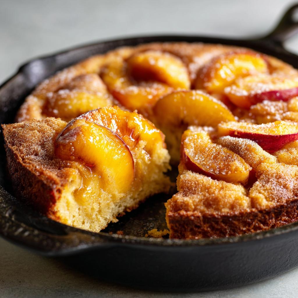 A slice of skillet cake topped with soft summer fruit and sprinkled with sugar.