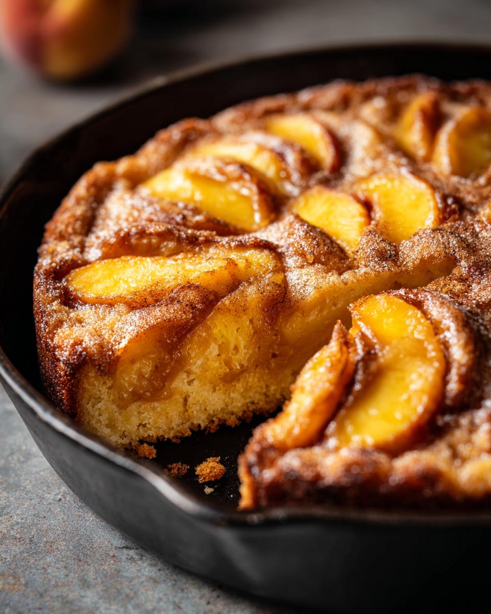A slice is missing from a golden-brown skillet peach cake topped with soft summer fruit.