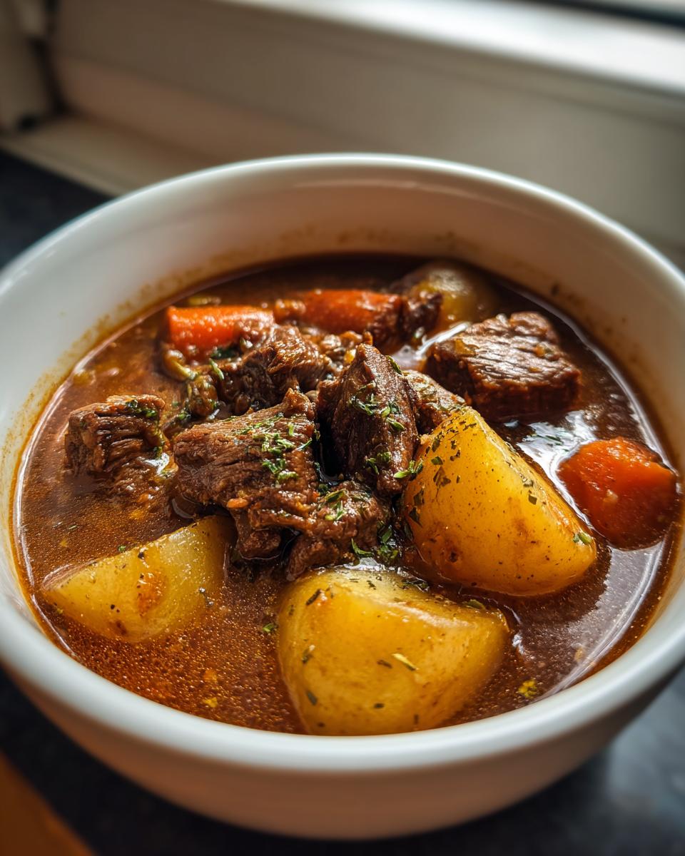 A close-up of a bowl of rich beef stew, featuring tender beef chunks, potatoes, and carrots, seasoned with herbs.