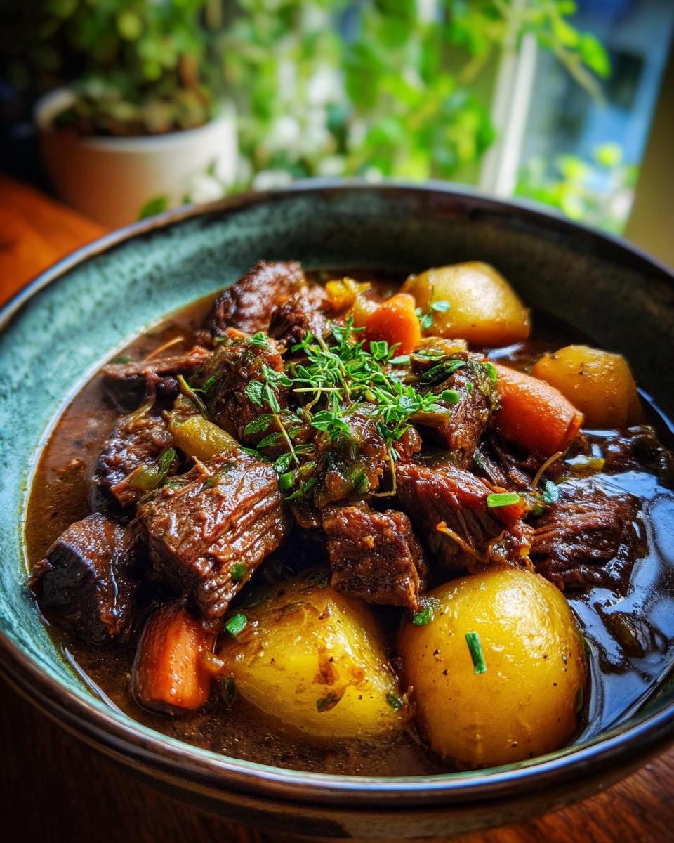A hearty bowl of slow cooker beef stew with tender beef chunks, potatoes, carrots, and fresh herbs.