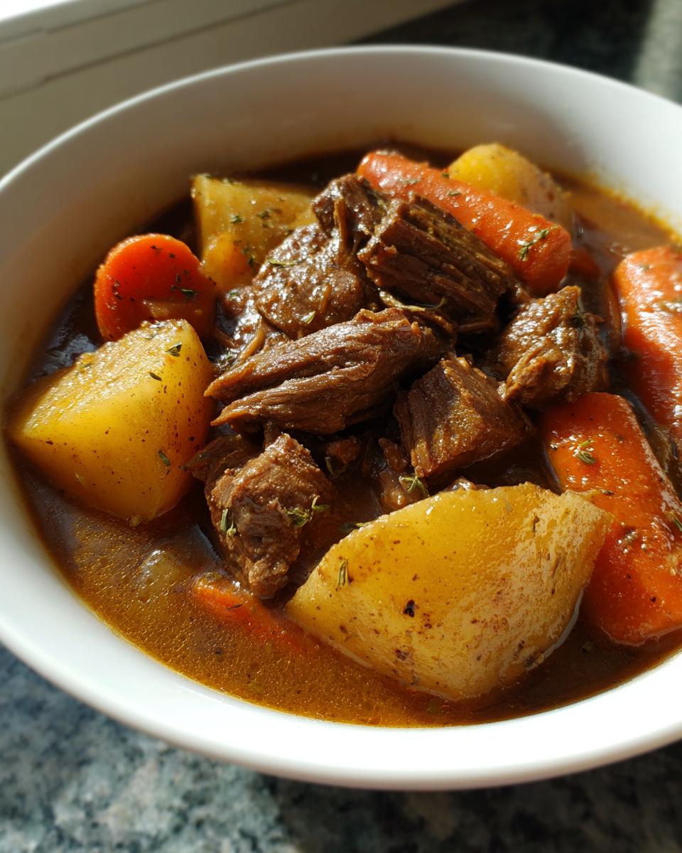 A bowl of rich beef stew with tender beef chunks, potatoes, and carrots, seasoned with herbs.