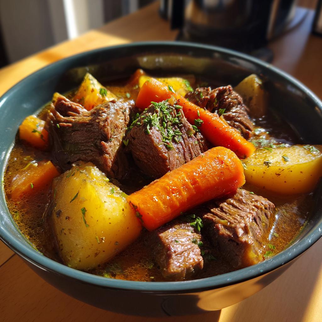 A close-up of a bowl of rich beef stew, featuring tender chunks of beef, potatoes, and carrots, garnished with fresh herbs.