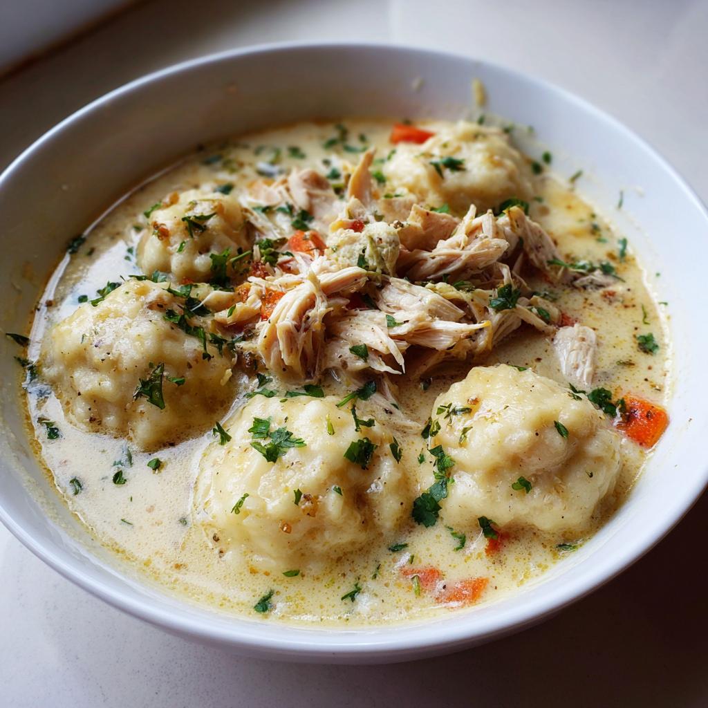 A close-up of a bowl filled with creamy chicken and dumplings, topped with shredded chicken and parsley. A perfect example of slow cooker recipes.