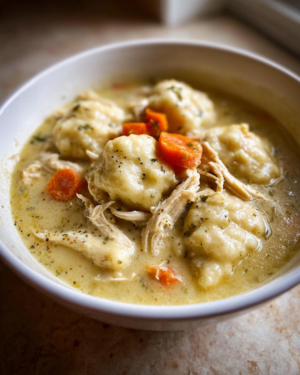 A bowl of creamy slow cooker chicken and dumplings with tender shredded chicken and fluffy dumplings.