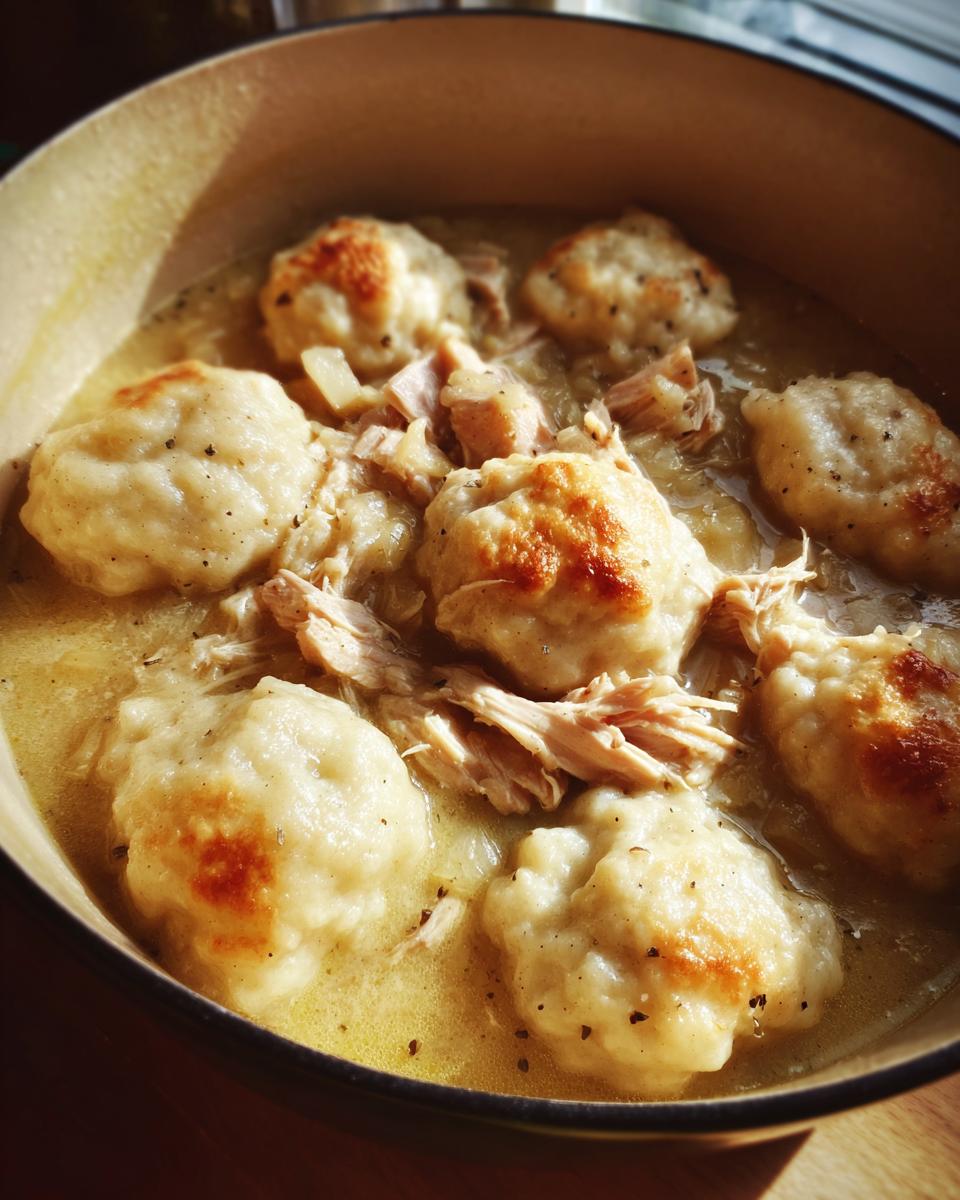 Close-up of fluffy dumplings nestled in creamy chicken stew in a pot, part of slow cooker recipes.