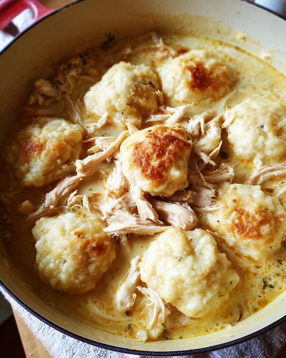 A close-up of a pot filled with shredded chicken and fluffy dumplings in a creamy sauce, part of slow cooker recipes.