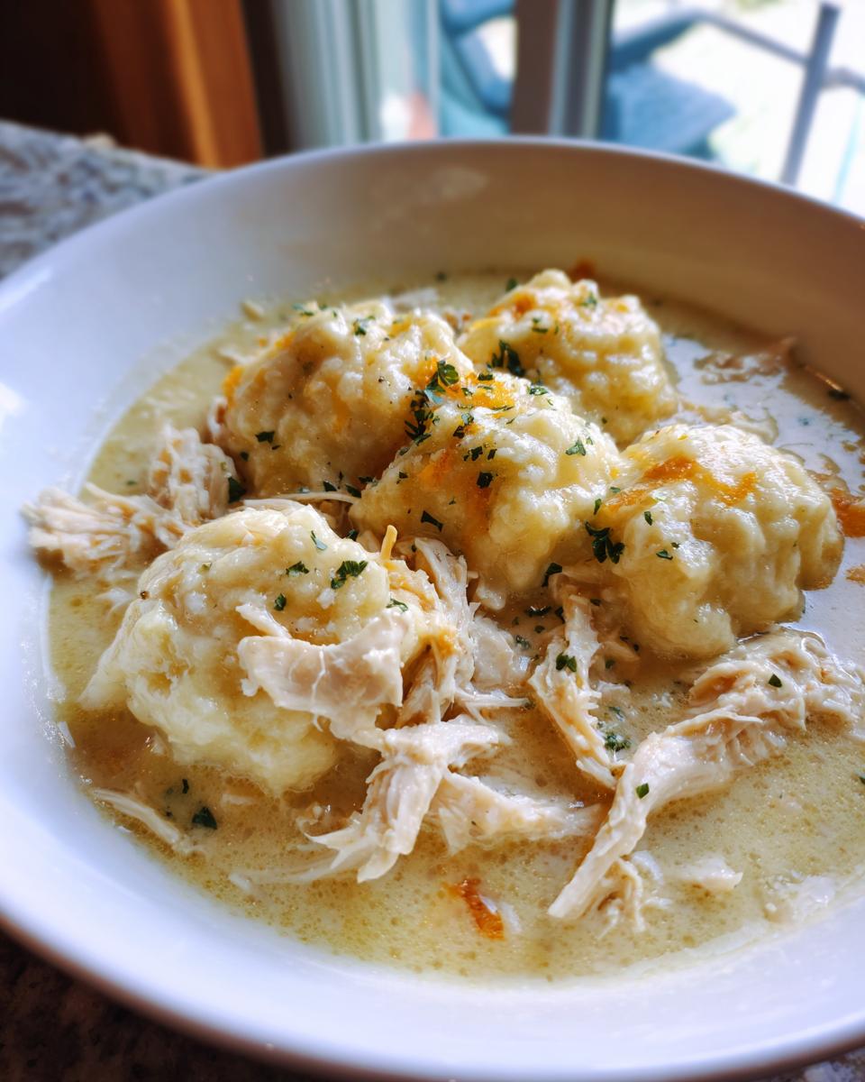A bowl of creamy slow cooker chicken and dumplings, topped with shredded chicken and fluffy dumplings.