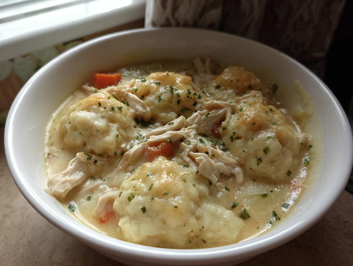 A close-up of a white bowl filled with creamy chicken and dumplings, featuring shredded chicken, fluffy dumplings, and carrots, garnished with parsley. A perfect example of slow cooker recipes.