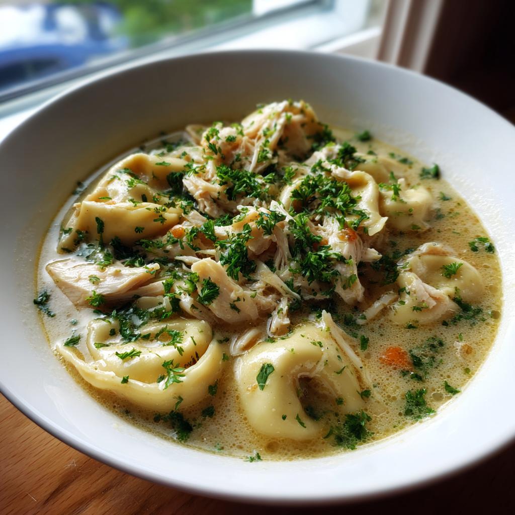 A close-up of a bowl of creamy tortellini soup with shredded chicken and fresh parsley.