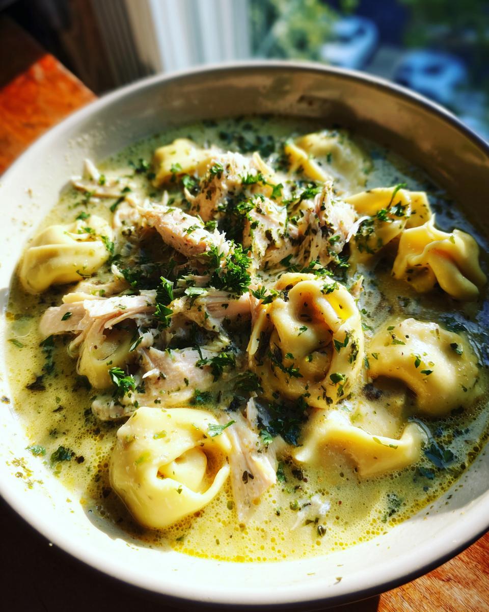 A close-up of a bowl of creamy tortellini soup with shredded chicken and parsley.