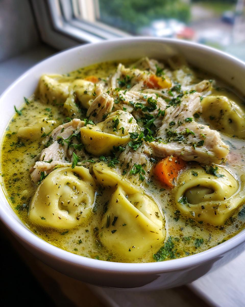 A close-up of a white bowl filled with creamy tortellini soup, featuring shredded chicken, tortellini pasta, carrots, and parsley.