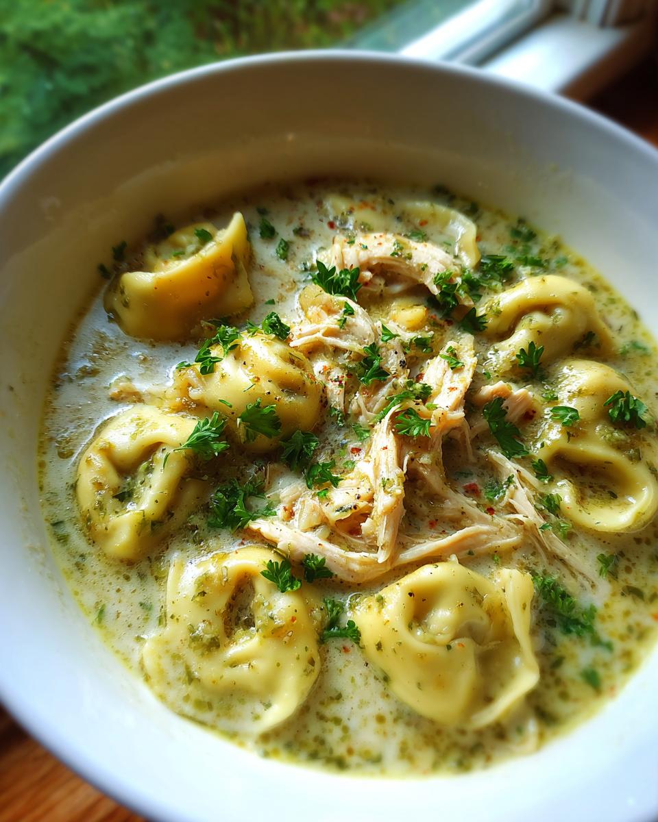A bowl of creamy tortellini soup with shredded chicken and fresh parsley, a perfect slow cooker recipe.