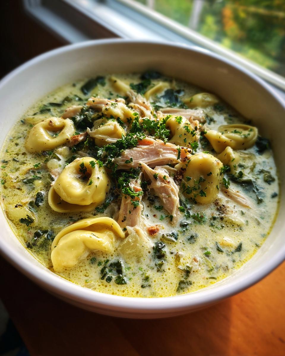 A close-up of a bowl of creamy tortellini soup with shredded chicken and spinach, garnished with parsley.