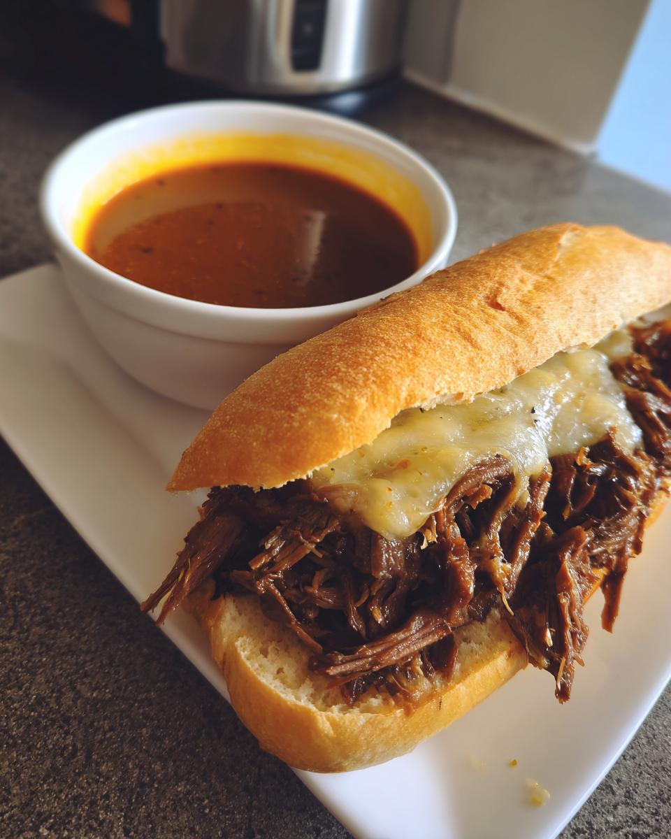 A delicious slow cooker French dip sandwich with melted cheese and a side of au jus.