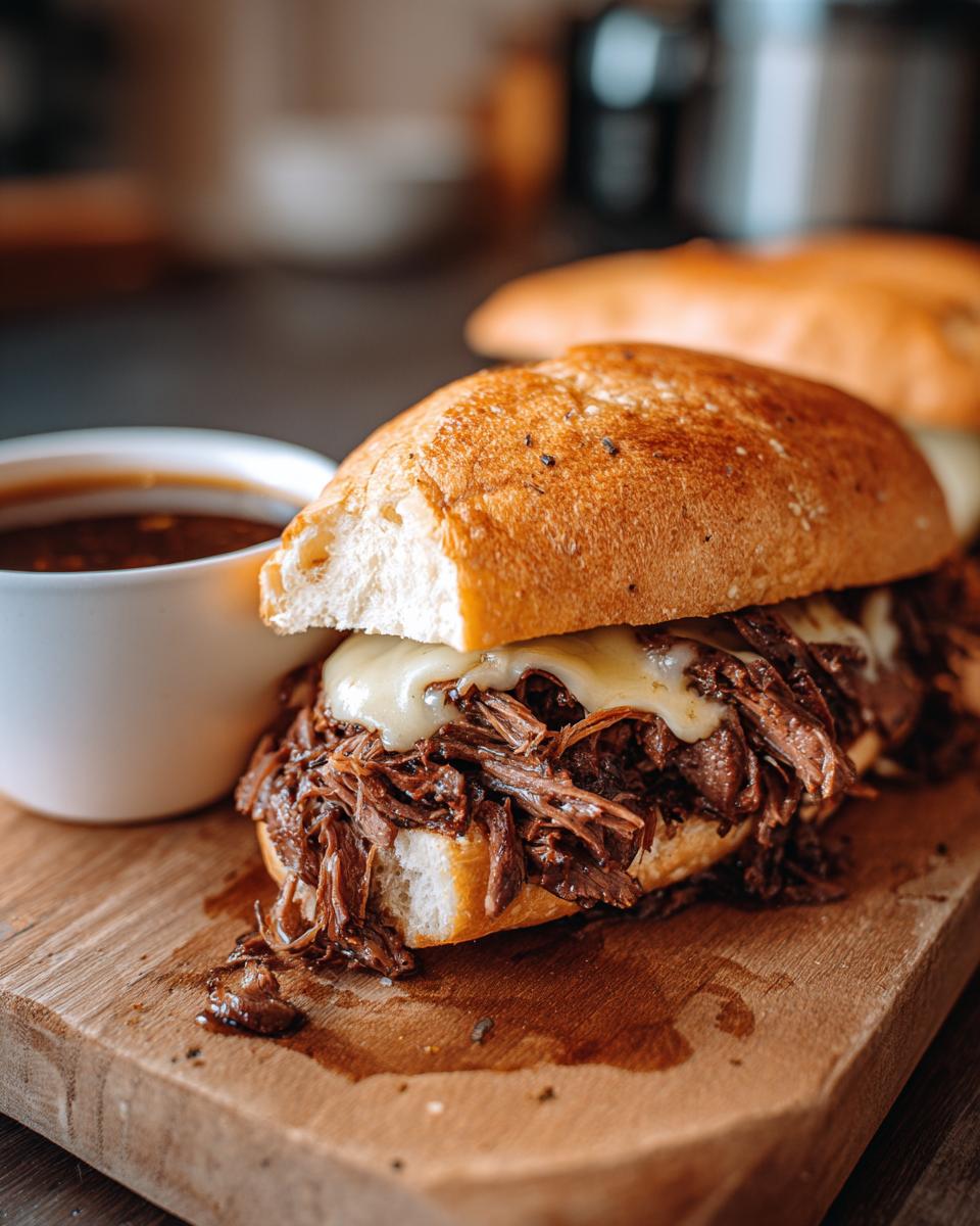 A delicious slow cooker French dip sandwich with melted cheese and a side of au jus.