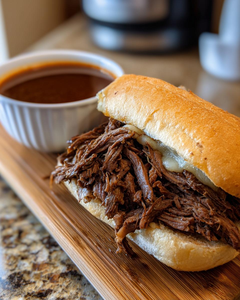 A delicious Slow Cooker French Dip Sandwich filled with shredded beef and melted cheese, served with a side of au jus.
