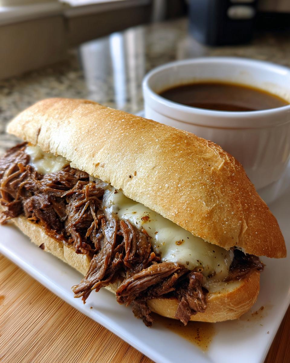A delicious slow cooker French dip sandwich overflowing with shredded beef and melted cheese, served with a side of au jus.