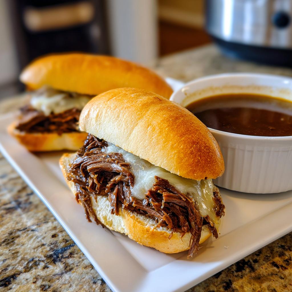 Two delicious French Dip Sandwiches made with slow cooker beef and melted cheese, served with a side of au jus.