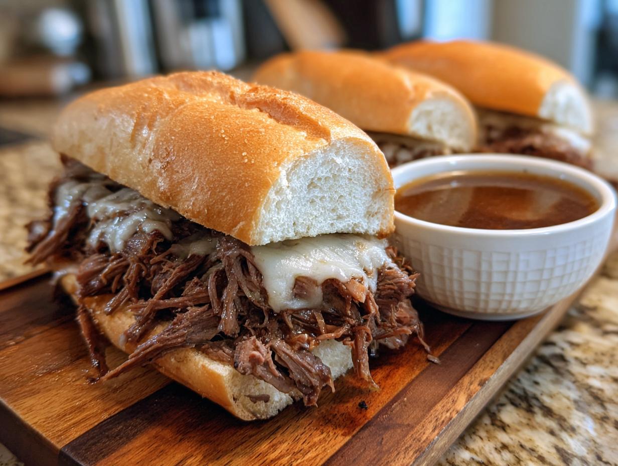 Close-up of a delicious slow cooker French dip sandwich with melted cheese and a side of au jus.