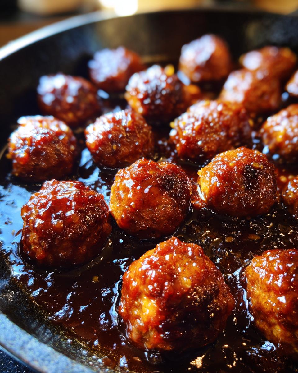 Close-up of glistening honey garlic meatballs in a dark, rich sauce, perfect for slow cooker recipes.