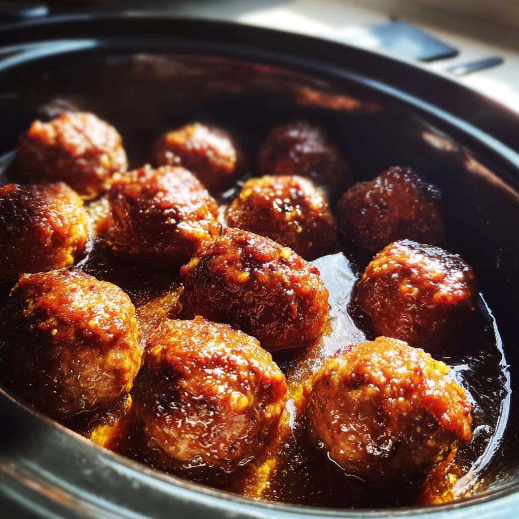 Close-up of delicious slow cooker honey garlic meatballs simmering in a rich sauce, perfect for parties.