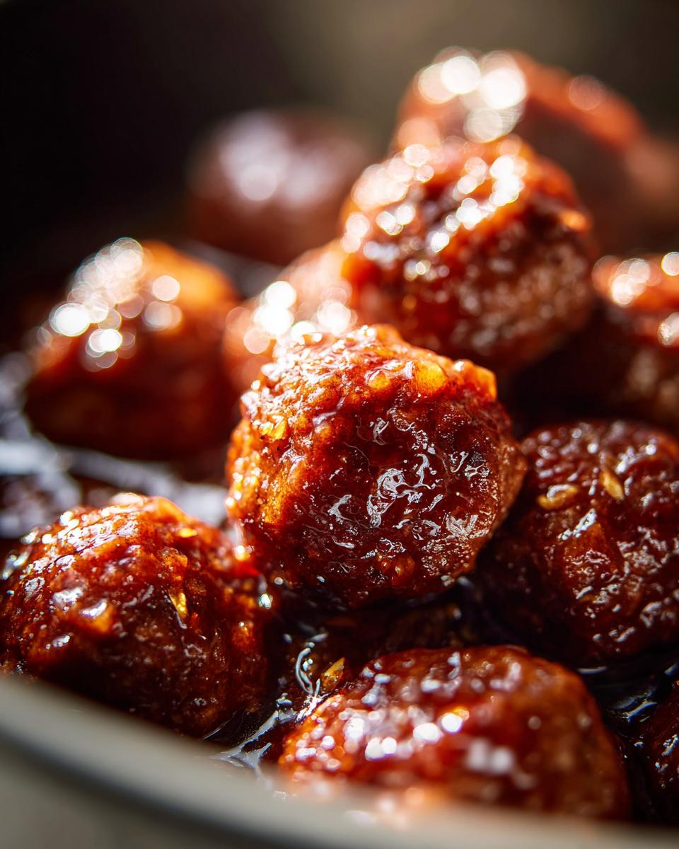 Close-up of glistening honey garlic meatballs in a rich sauce, perfect for slow cooker recipes.