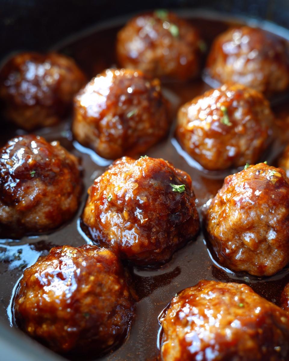 Close-up of delicious slow cooker honey garlic meatballs in a glossy sauce, perfect for parties.