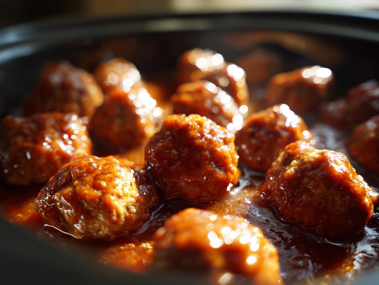Close-up of glossy honey garlic meatballs simmering in a slow cooker, perfect for slow cooker recipes.