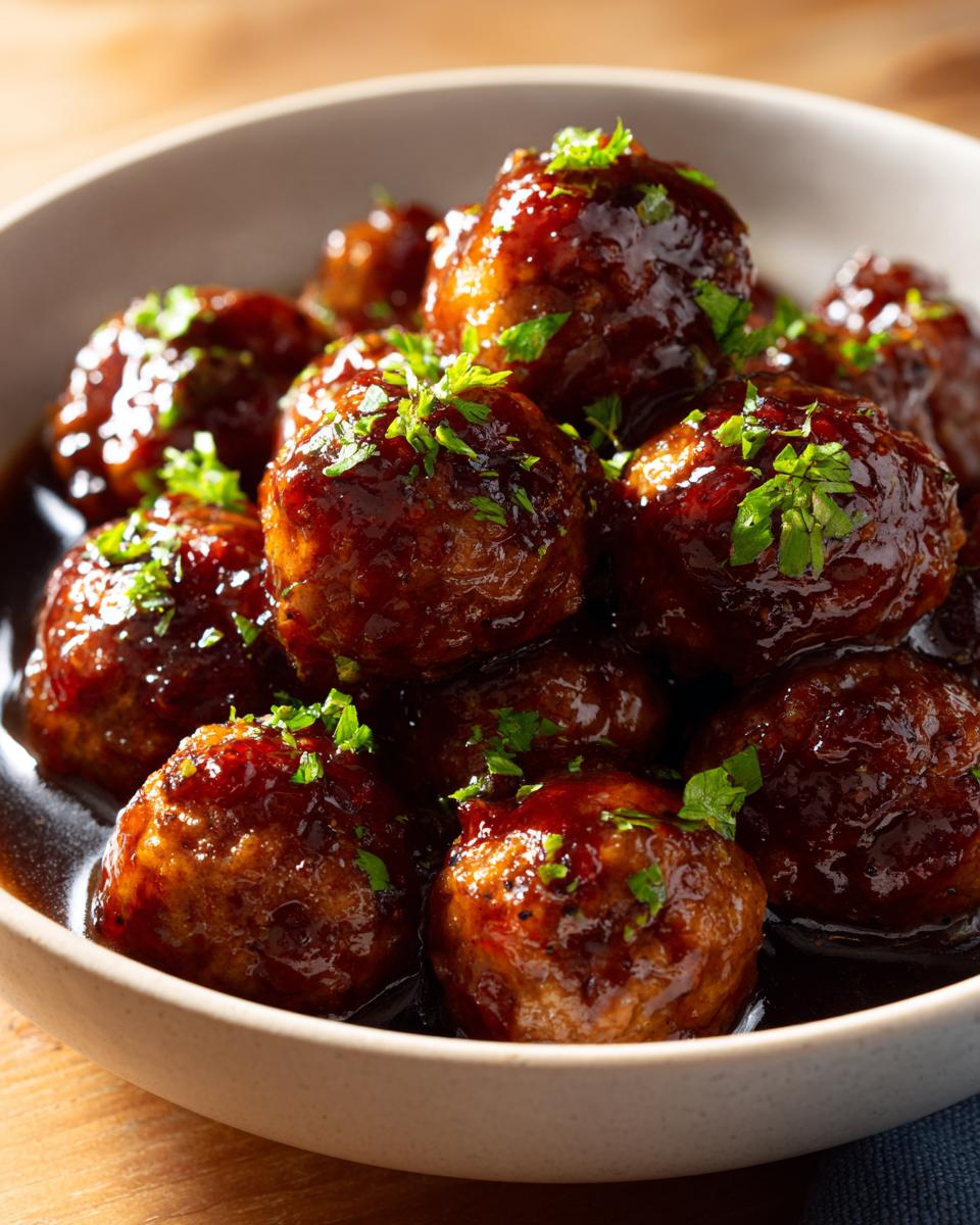 Close-up of a bowl filled with delicious slow cooker honey garlic meatballs, garnished with fresh parsley.