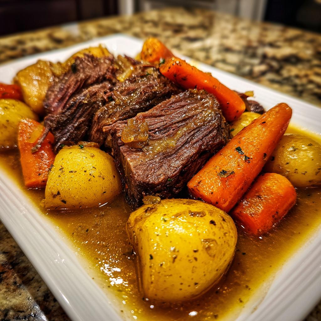 A delicious slow cooker pot roast served with tender potatoes and carrots in a savory gravy.