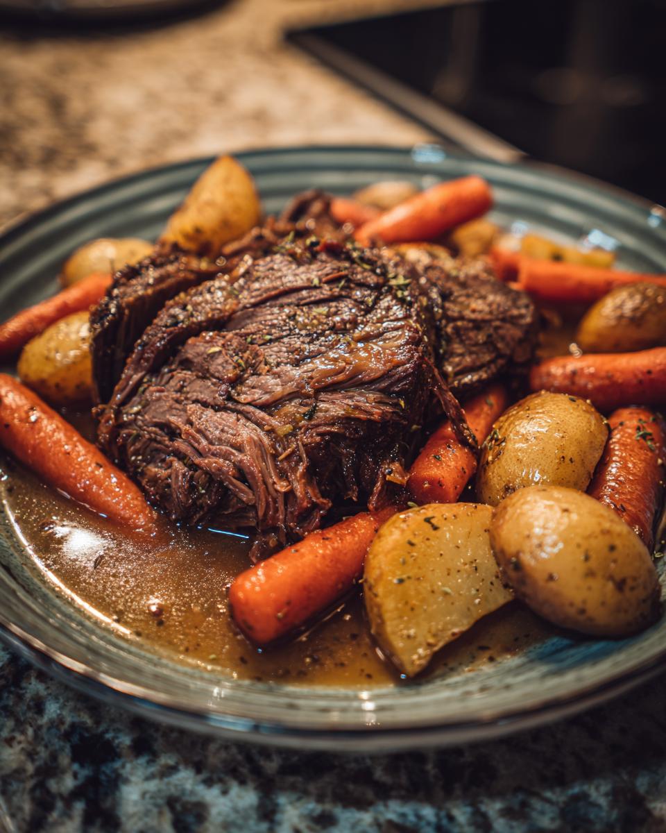 A delicious slow cooker pot roast served with tender potatoes and carrots, a perfect example of Sunday comfort food.