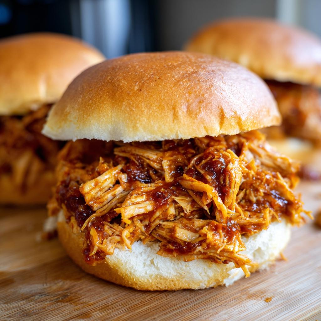 Close-up of a delicious pulled BBQ chicken sandwich on a bun, made with slow cooker recipes.