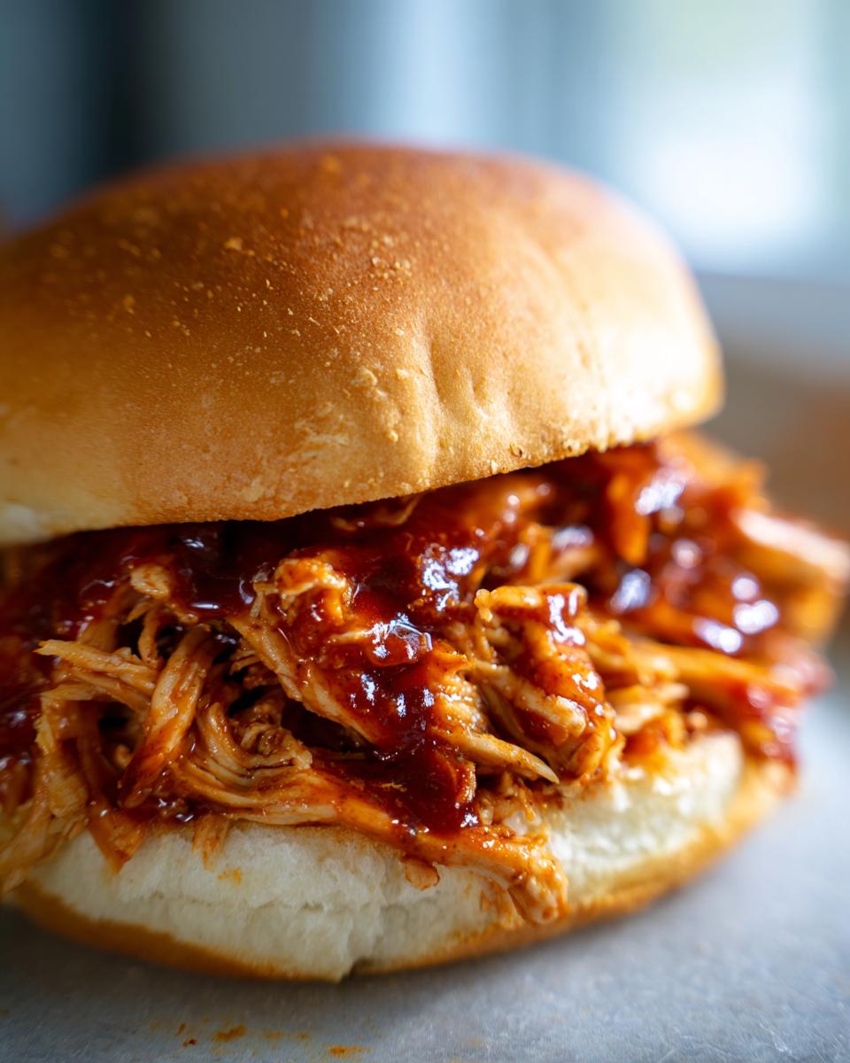 Close-up of a delicious pulled BBQ chicken sandwich, featuring tender shredded chicken coated in barbecue sauce on a soft bun.