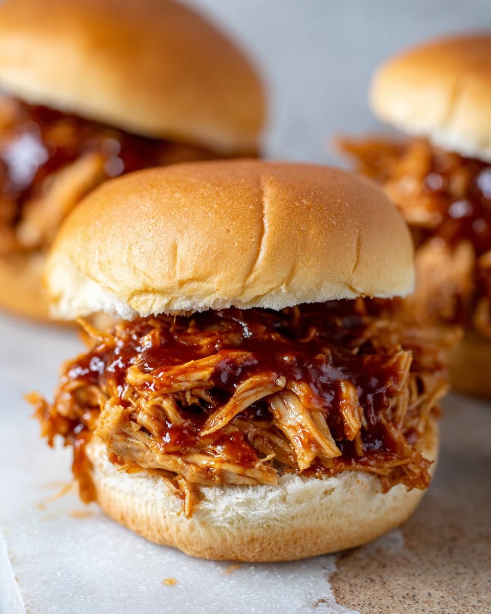 Close-up of a delicious pulled BBQ chicken sandwich made with slow cooker recipes.