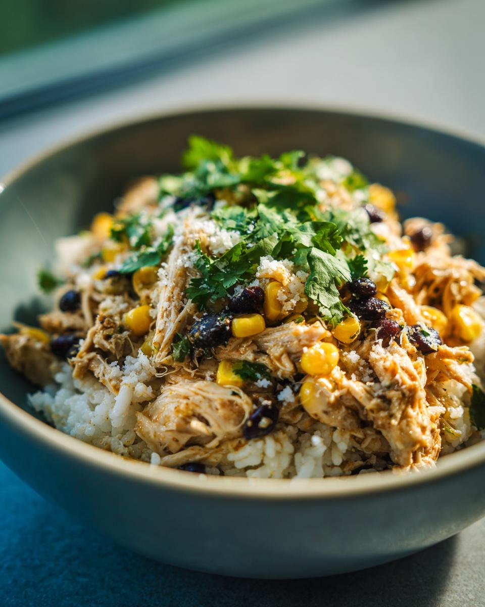 A close-up of a Slow Cooker Salsa Verde Chicken Taco Bowl with rice, shredded chicken, corn, black beans, and cilantro.