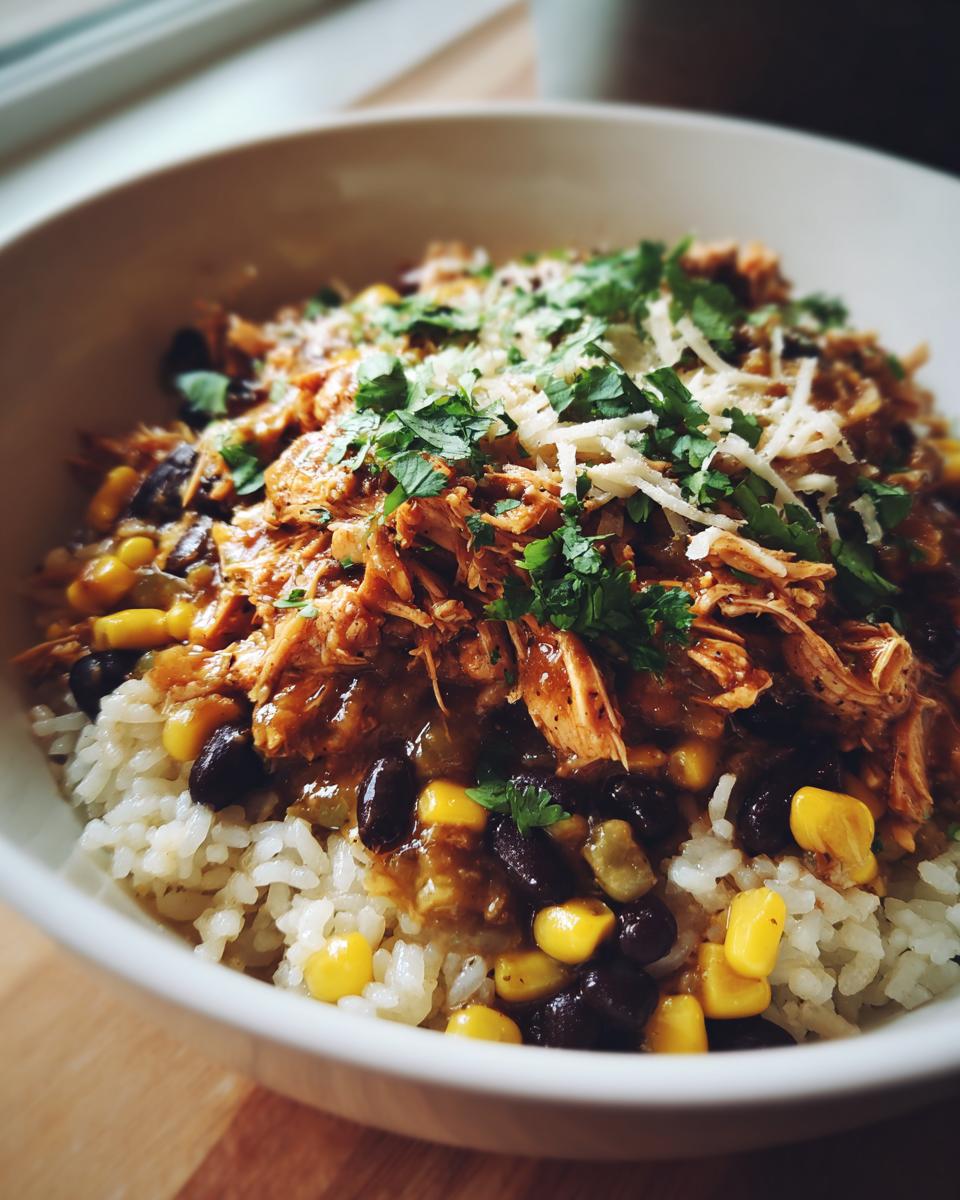 A close-up of a Slow Cooker Salsa Verde Chicken Taco Bowl with rice, shredded chicken, black beans, and corn, topped with cheese and cilantro.
