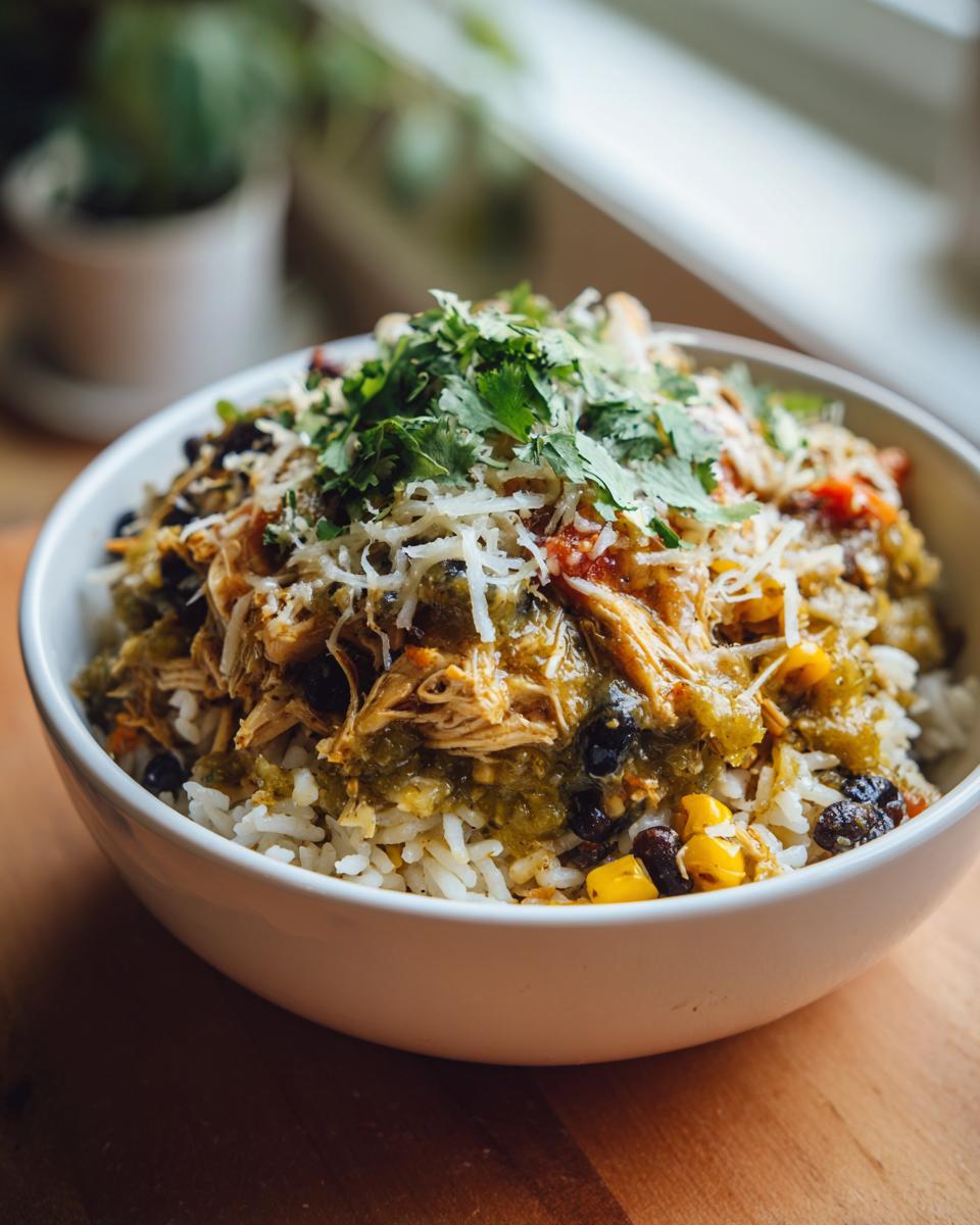 A bowl of Slow Cooker Salsa Verde Chicken Taco Bowl with rice, shredded chicken, black beans, corn, and cilantro.